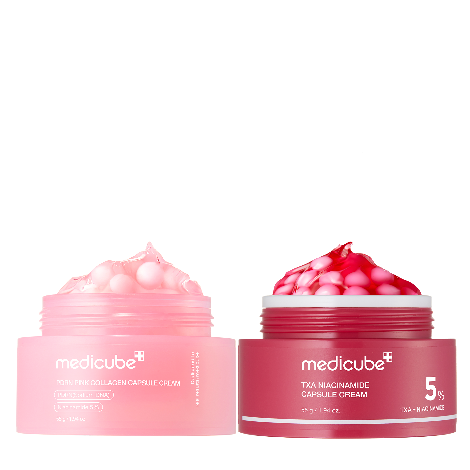 Pink PDRN line TXA Niacinamide capsule cream in a jar, showcasing the skincare product with a pink and white design.