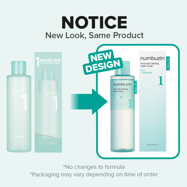 Numbuzin No.1 Pure-Full Calming Herb Toner bottle with herbal ingredients and minimalist label design.