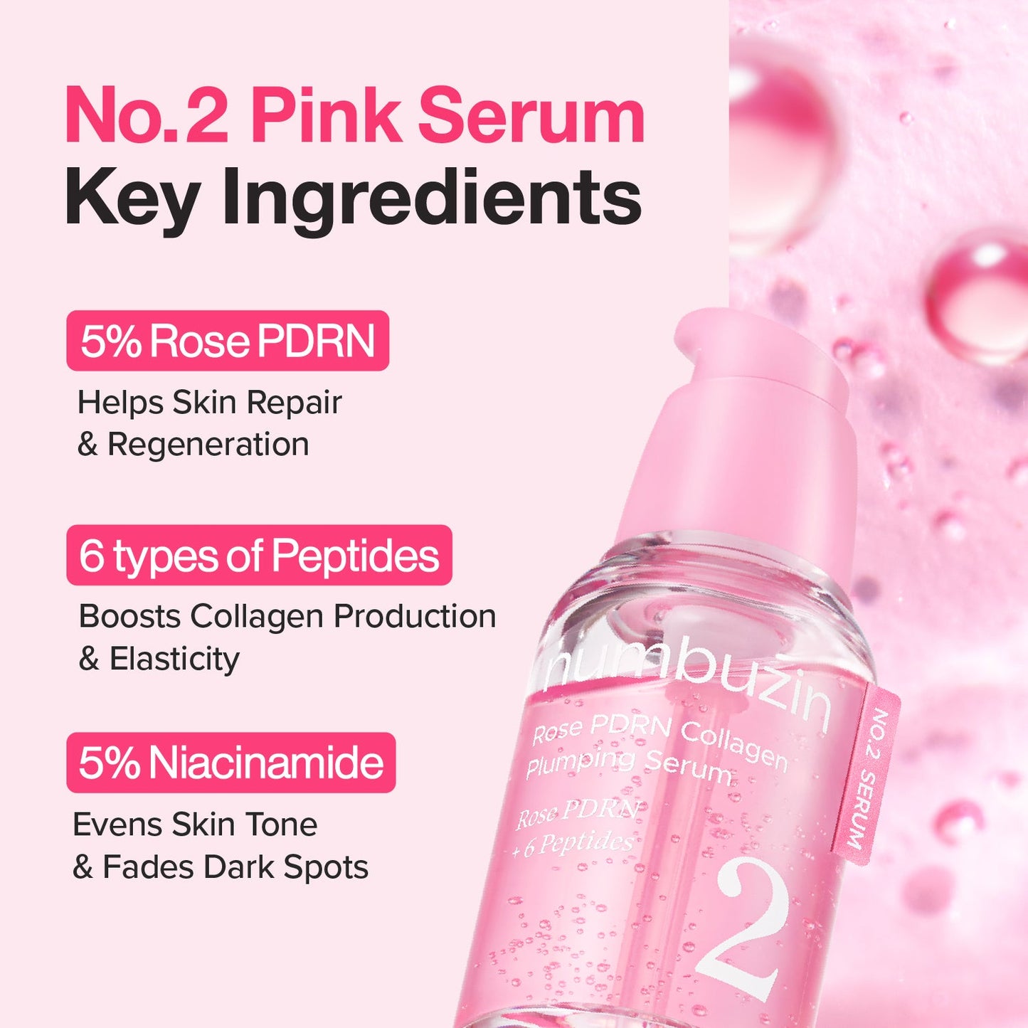 Numbuzin No.2 Rose PDRN Collagen Plumping Serum in a sleek bottle, featuring a pink rose design, for youthful, hydrated skin