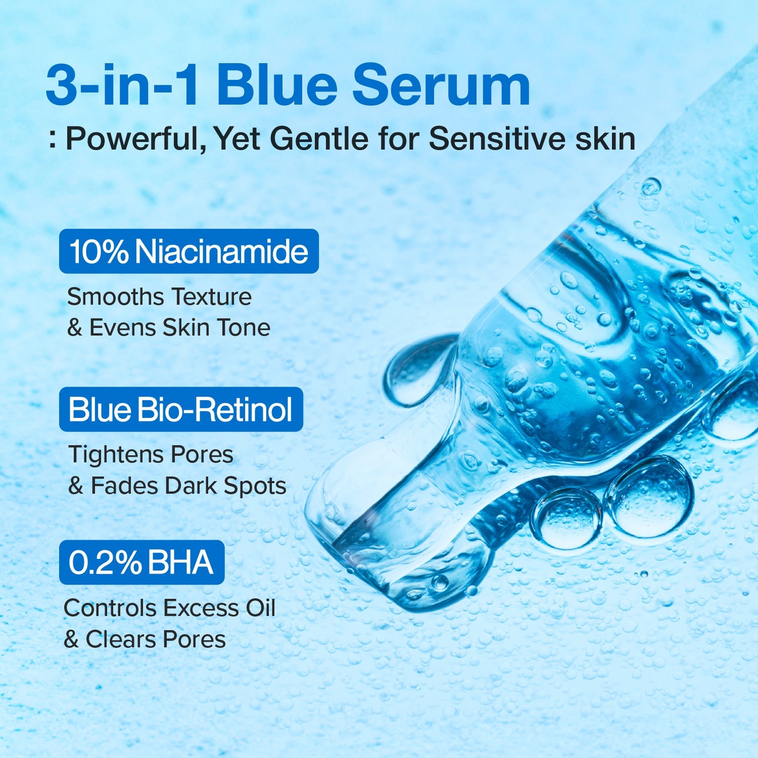 Numbuzin No.3 Blue Bio-Retinol Pore Refining Serum in a clear bottle with a pump, showing the product label and serum inside.