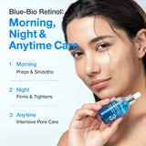 Numbuzin No.3 Blue Bio-Retinol Pore Refining Serum in a clear bottle with a dropper applicator, showing the serum inside.