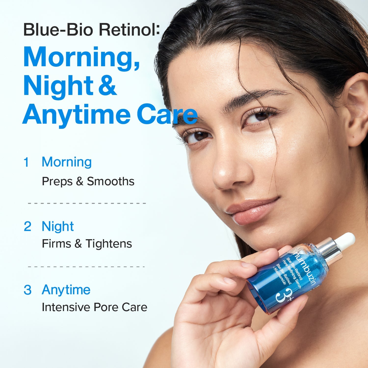 Numbuzin No.3 Blue Bio-Retinol Pore Refining Serum in a clear bottle with a dropper applicator, showing the serum inside.