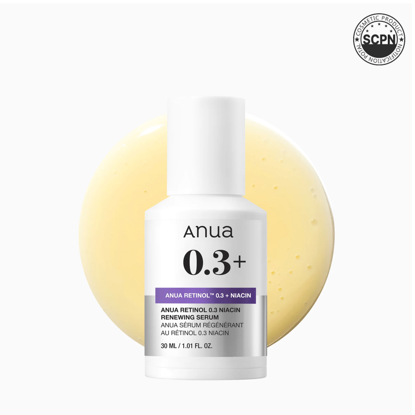 Anua Nano Retinol 0.3% + Niacin renewing serum ampoule, clear glass bottle with dropper, labeled with product name and branding.