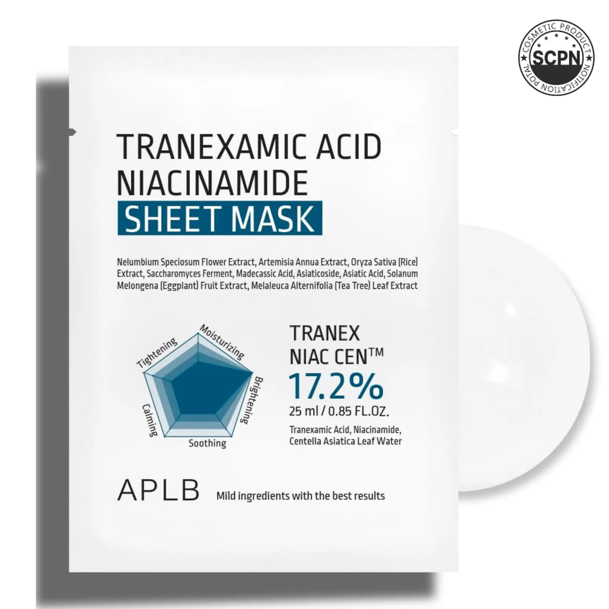 APLB Tranexamic Acid Niacinamide sheet mask, 10-pack for radiant skin, showcasing the sheet mask and packaging on a white background.