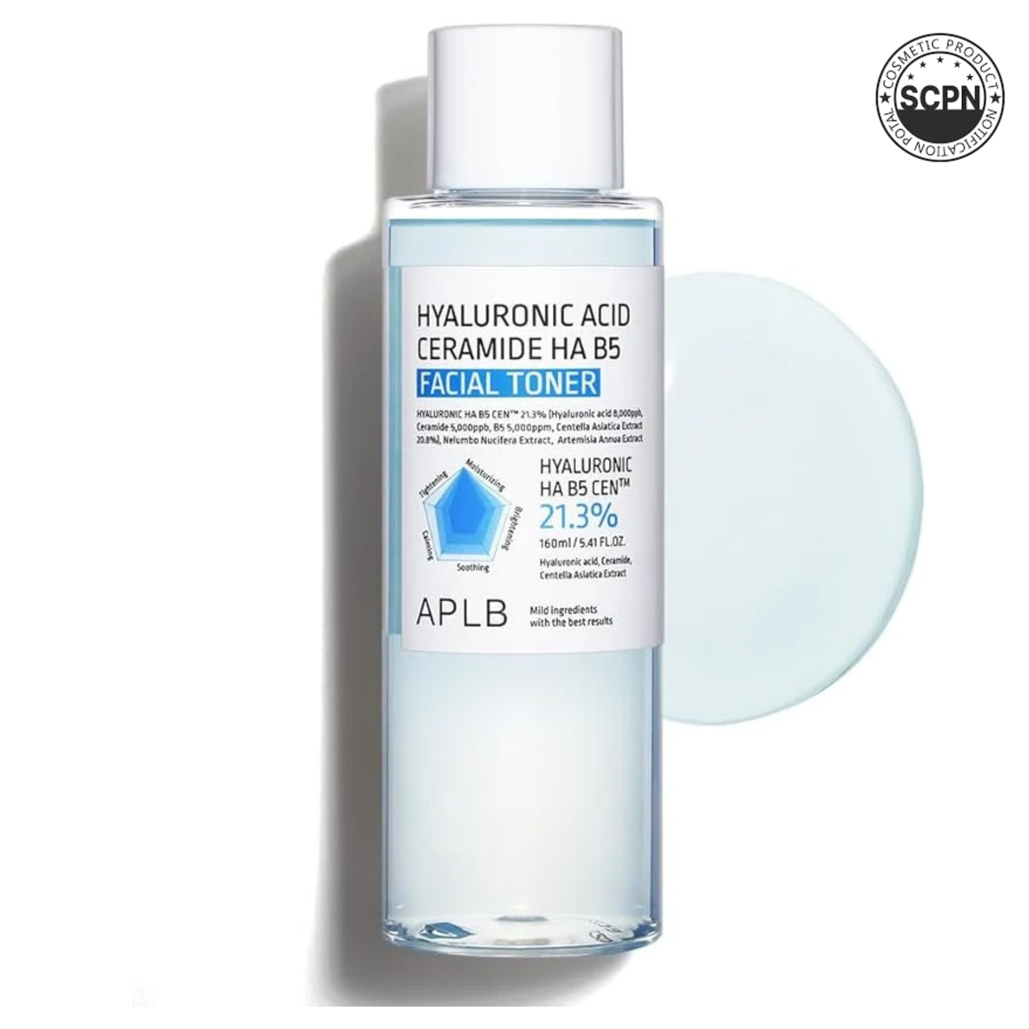 APLB Hyaluronic Acid Ceramide HA B5 facial toner in a clear bottle showing the toner inside, part of face care skincare products.