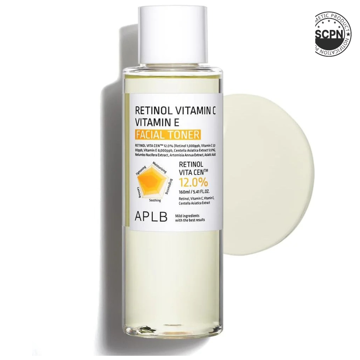 APLB Retinol, Vitamin C, and Vitamin E facial toner in a clear bottle with a white cap, showing product label and liquid inside.