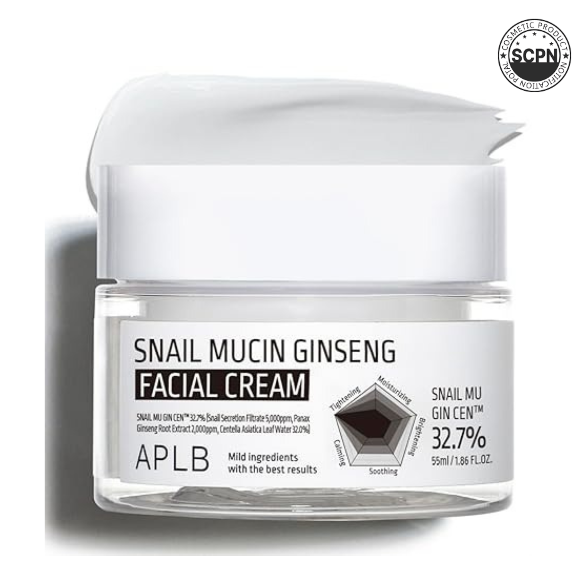 APLB Snail Mucin Ginseng facial cream in a jar, designed for face care with nourishing snail mucin and ginseng extract.