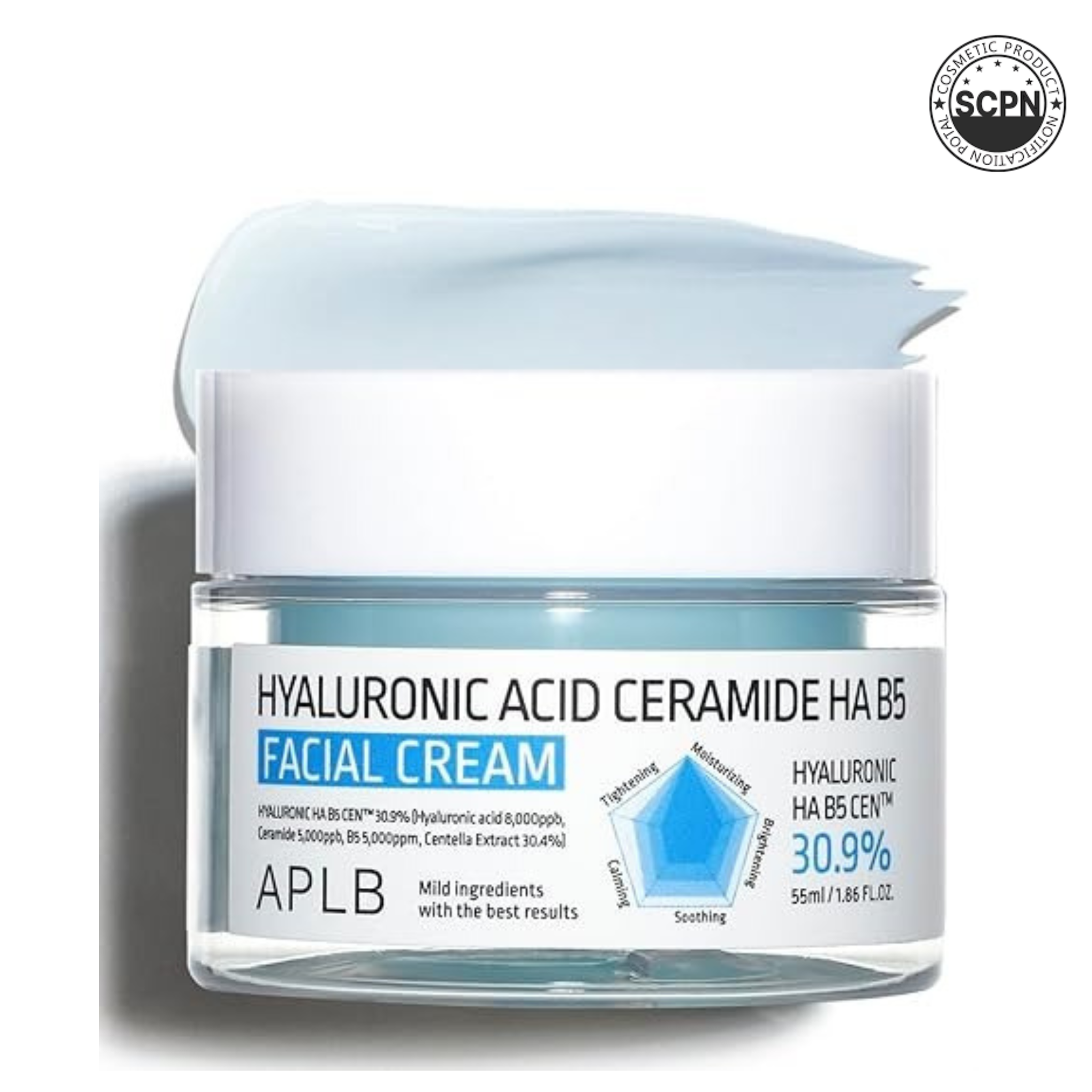 APLB Hyaluronic Acid Ceramide HA B5 facial cream in a jar, showcasing its smooth, hydrating formula for face care.