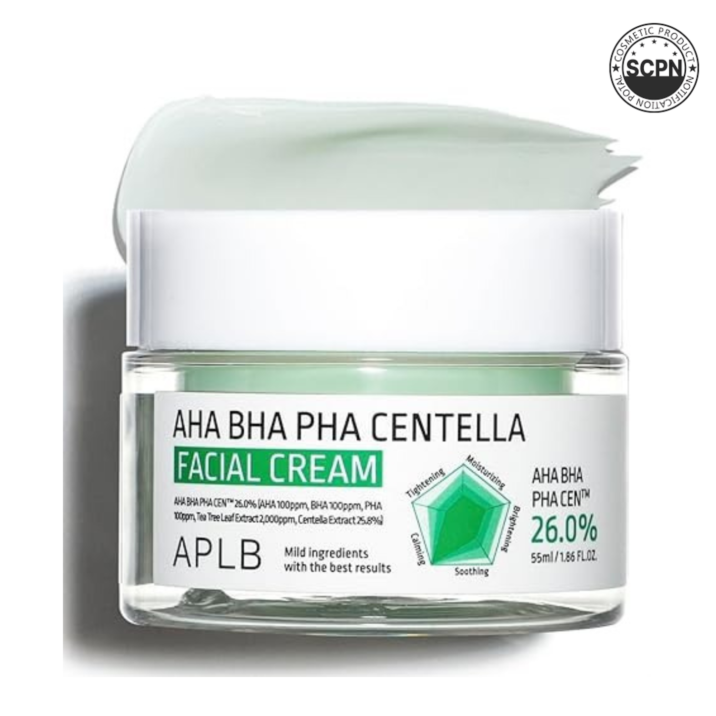 APLB AHA BHA PHA Centella facial cream in a jar, suitable for face care with soothing Centella and exfoliating acids.