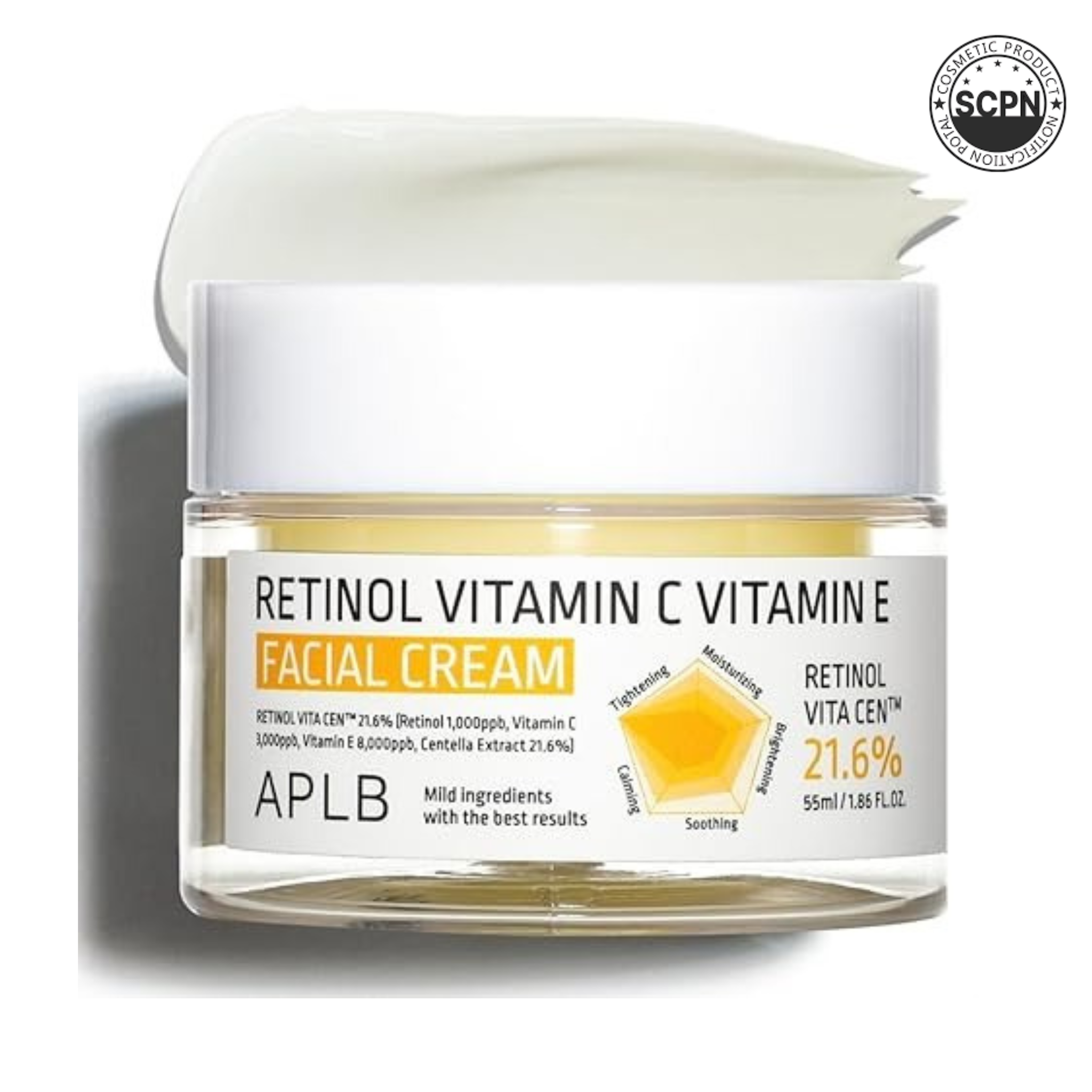 APLB Retinol, Vitamin C, and Vitamin E facial cream in a white jar for face care, with a smooth, creamy texture visible.