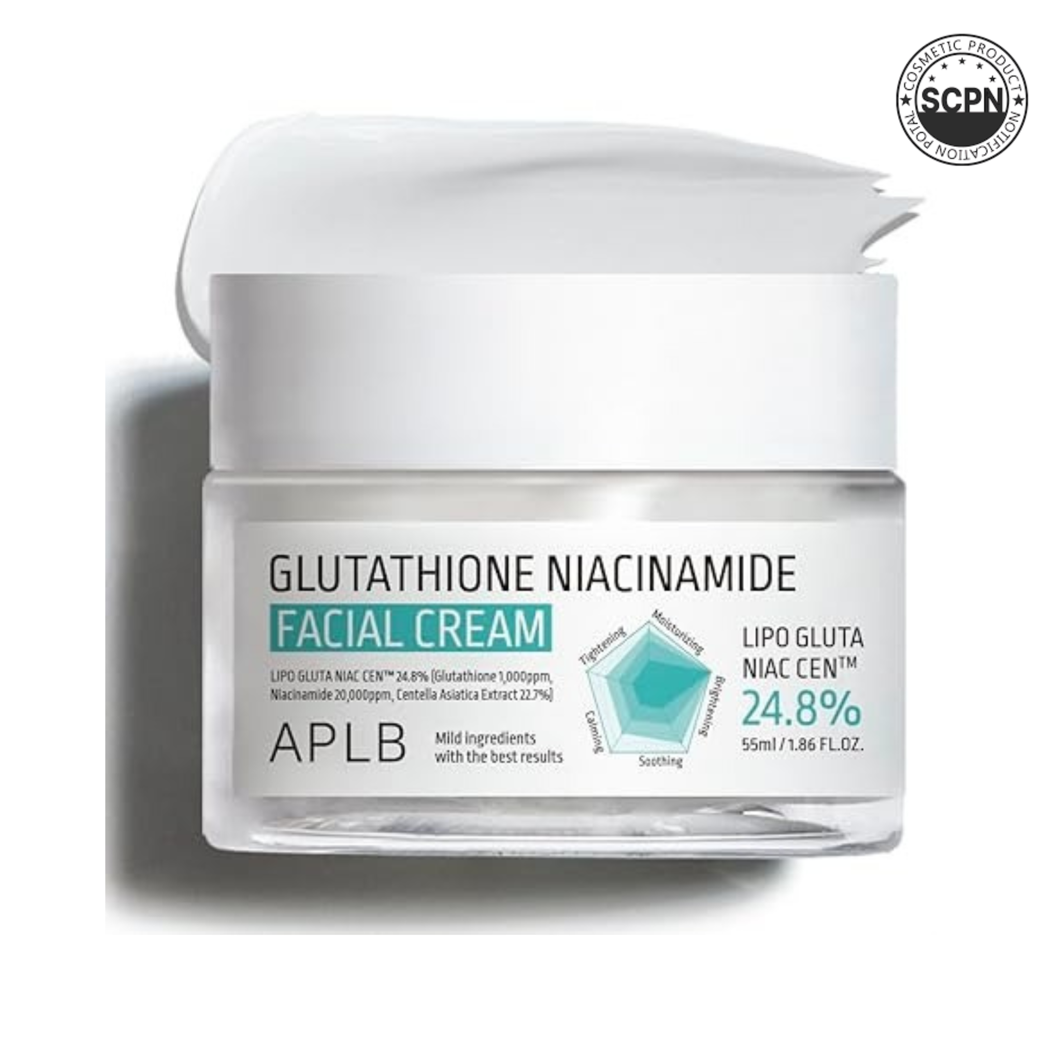 APLB Glutathione and Niacinamide Facial Cream in a white jar, showcasing smooth, creamy texture ideal for skin brightening and hydration