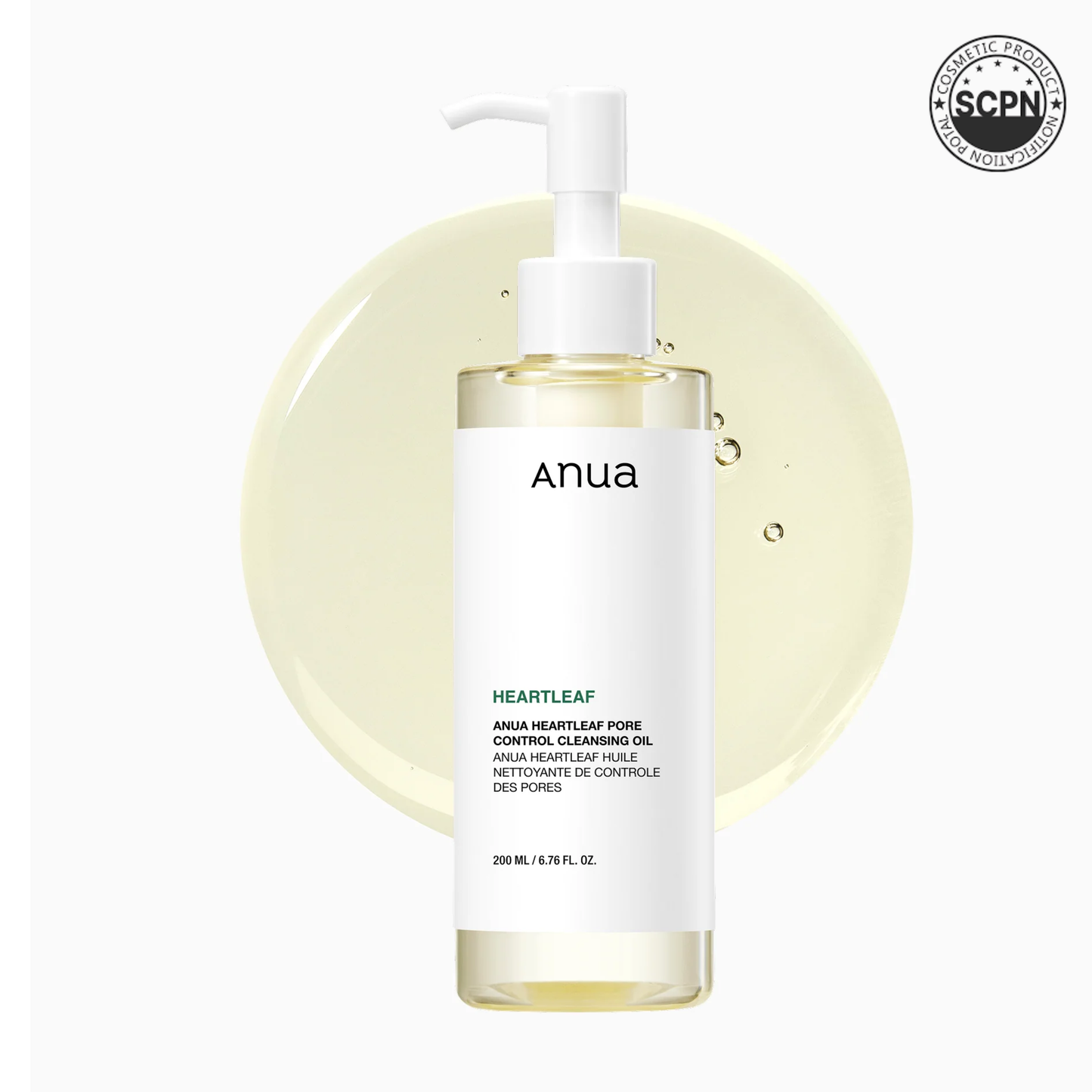 Anua US Heartleaf Pore Control Cleansing Oil bottle, clear liquid cleanser with a pump dispenser, on a white background.