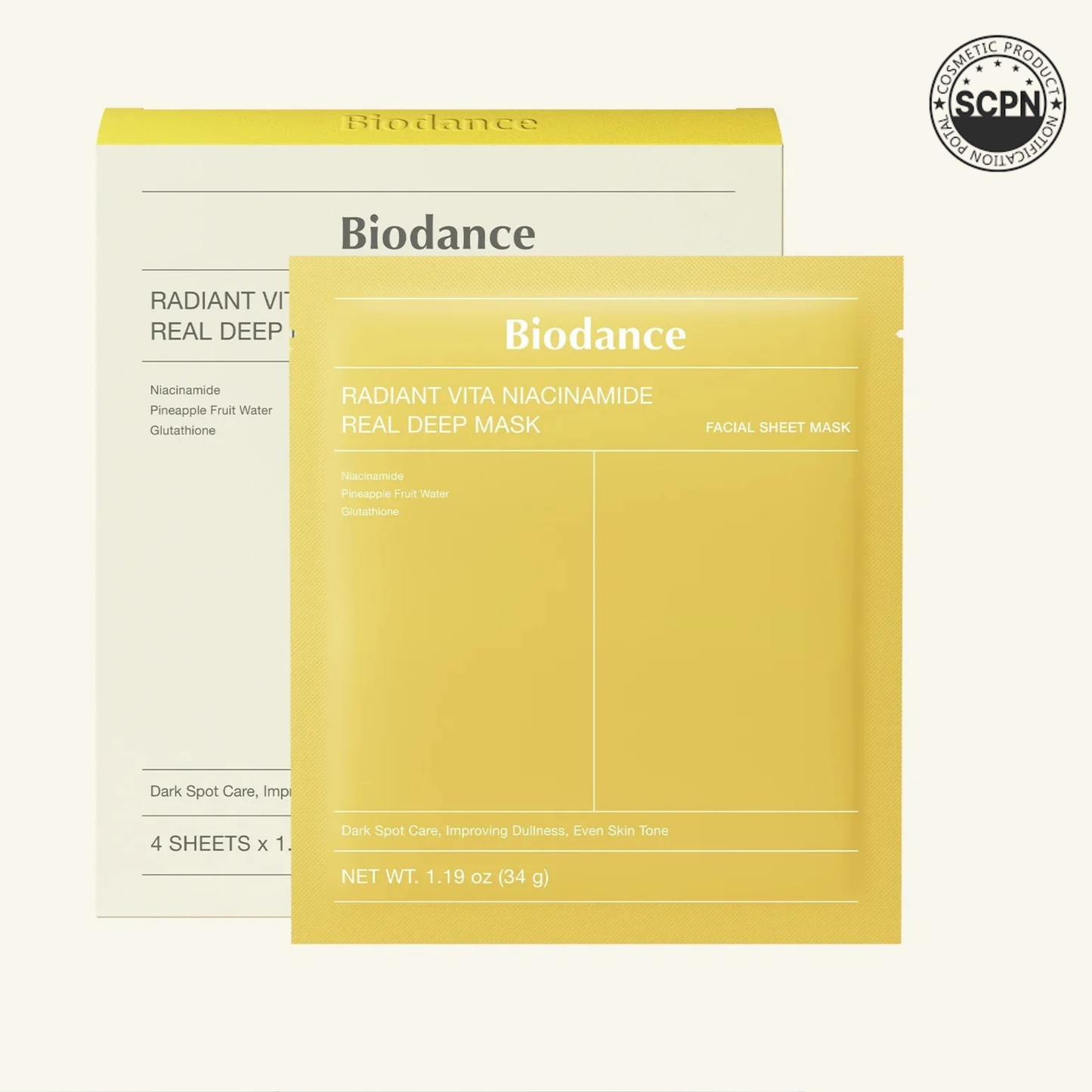 Biodance Radiant Vita Niacinamide deep face mask with nourishing ingredients, shown in a sleek, open container on a clean background.