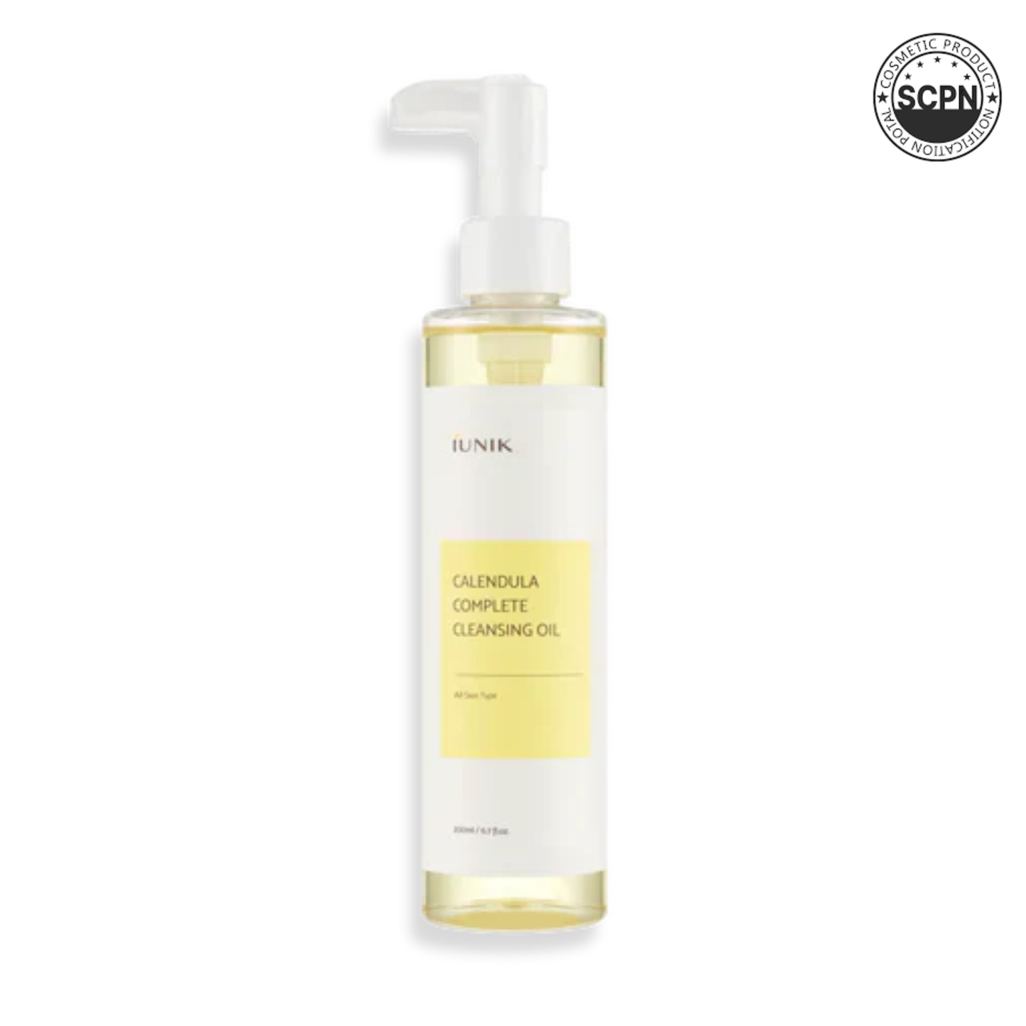 Iunik Calendula Complete Cleansing Oil in a clear bottle with a pump, showcasing its gentle face essence and oil formula.