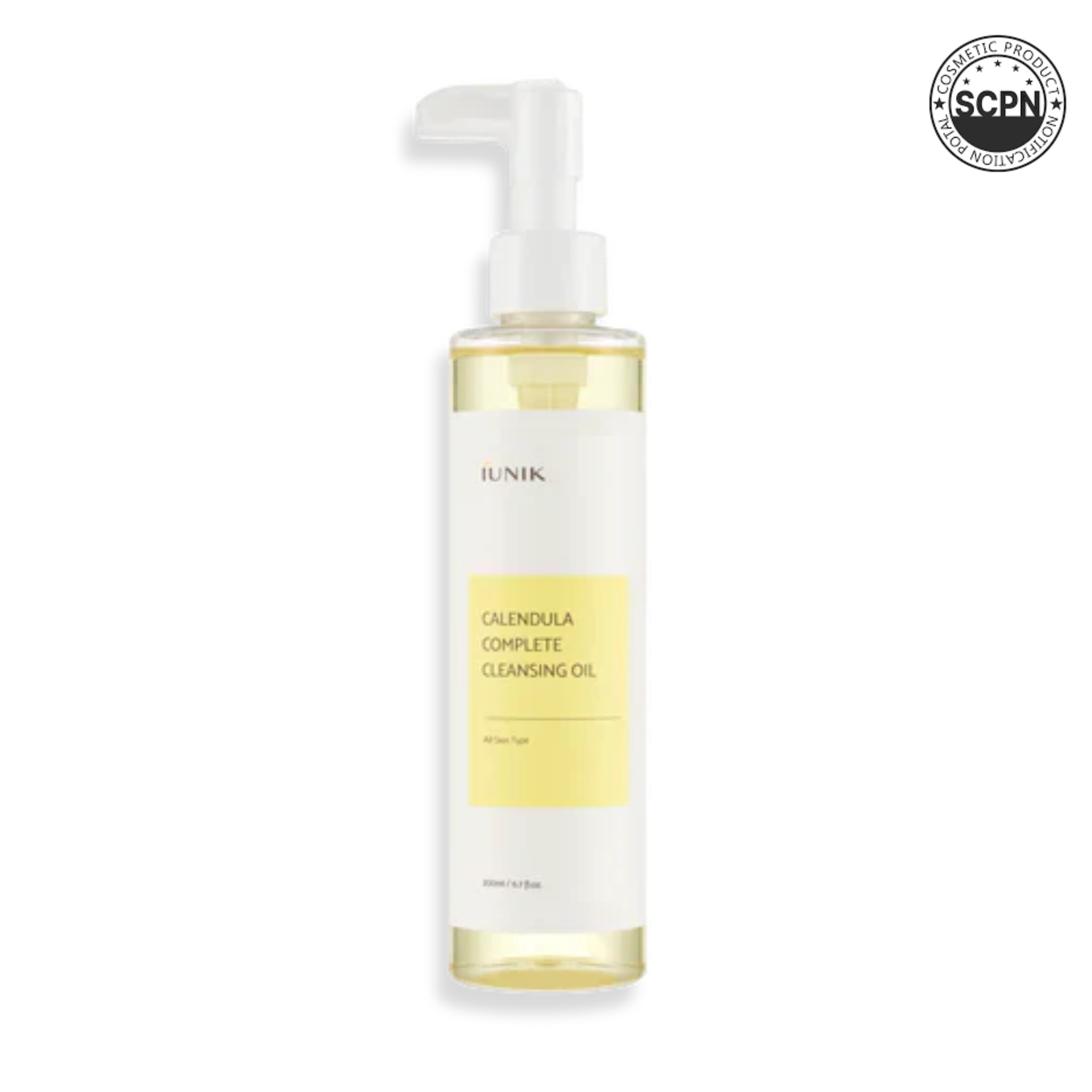 Iunik Calendula Complete Cleansing Oil in a clear bottle with a pump, showcasing its gentle face essence and oil formula.