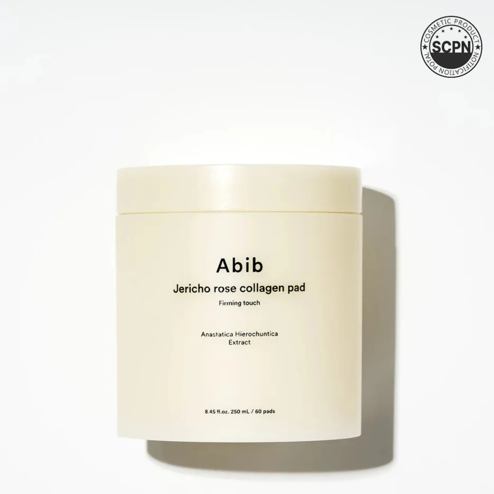 Abib Jericho Rose Collagen Face Pads for firming and touch-up, showing the skincare product with pads in a sleek container.