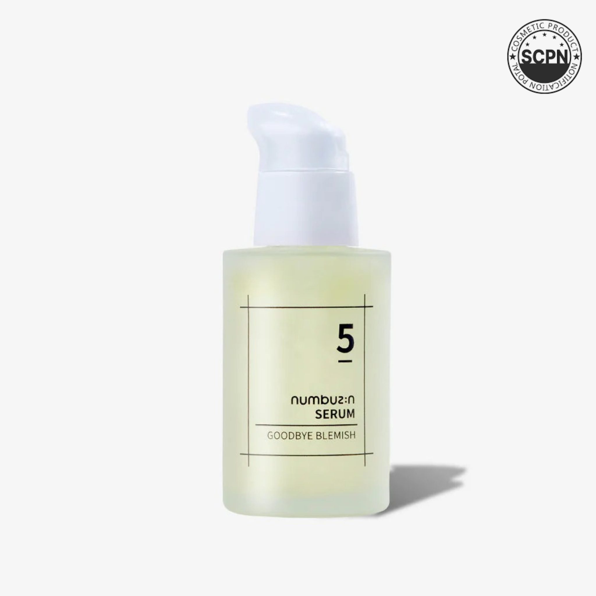 Numbuzin No.5 Goodbye Blemish Serum displayed in a sleek bottle with a dropper, ideal for clear, blemish-prone skin.