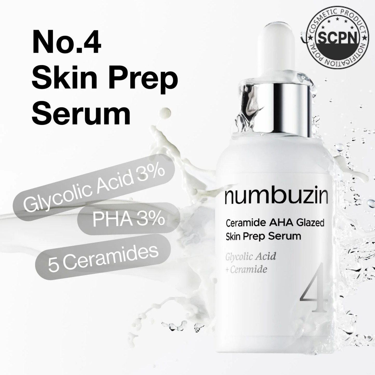 Numbuzin No.4 Ceramide AHA Glazed Skin Prep Serum in a clear glass bottle with a dropper applicator, designed for skincare.