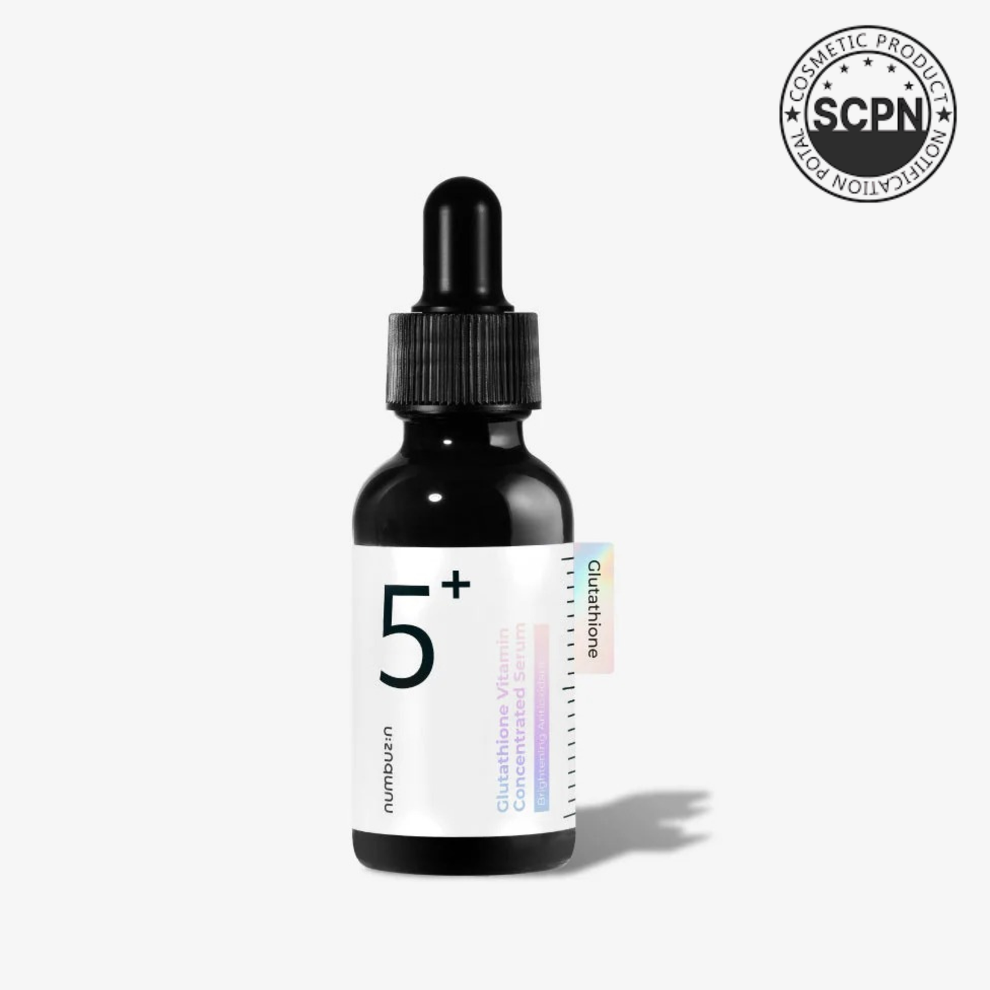Numbuzin No.5+ Glutathione Vitamin Serum in a clear bottle with dropper, designed for skincare and brightening.