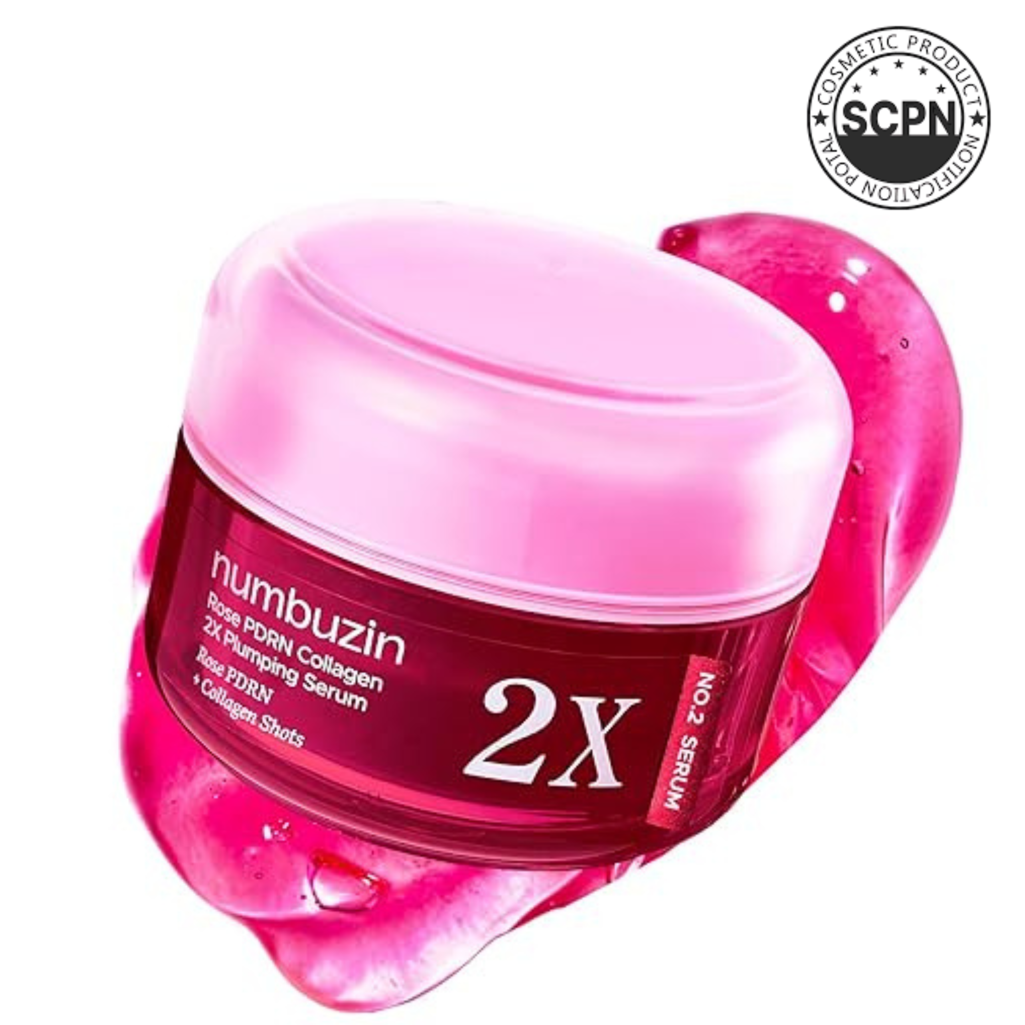 Numbuzin No.2 Rose PDRN Collagen 2X Plumping Serum bottle with rose design and clear label on a white background