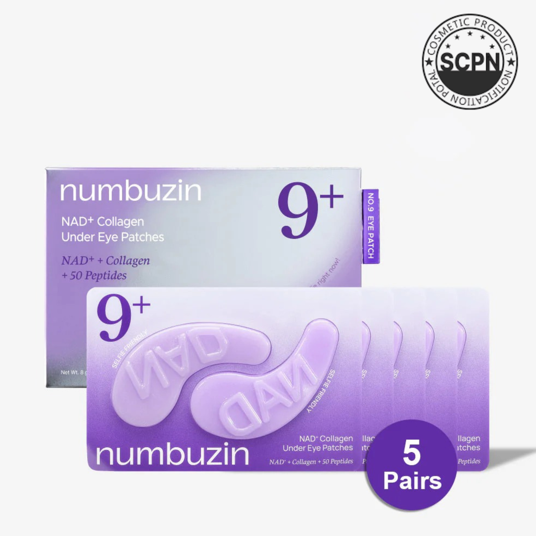 Numbuzin No.9 NAD+ Collagen Under Eye Patches, special treatment for eye area, with 5 pairs visible on a white background.