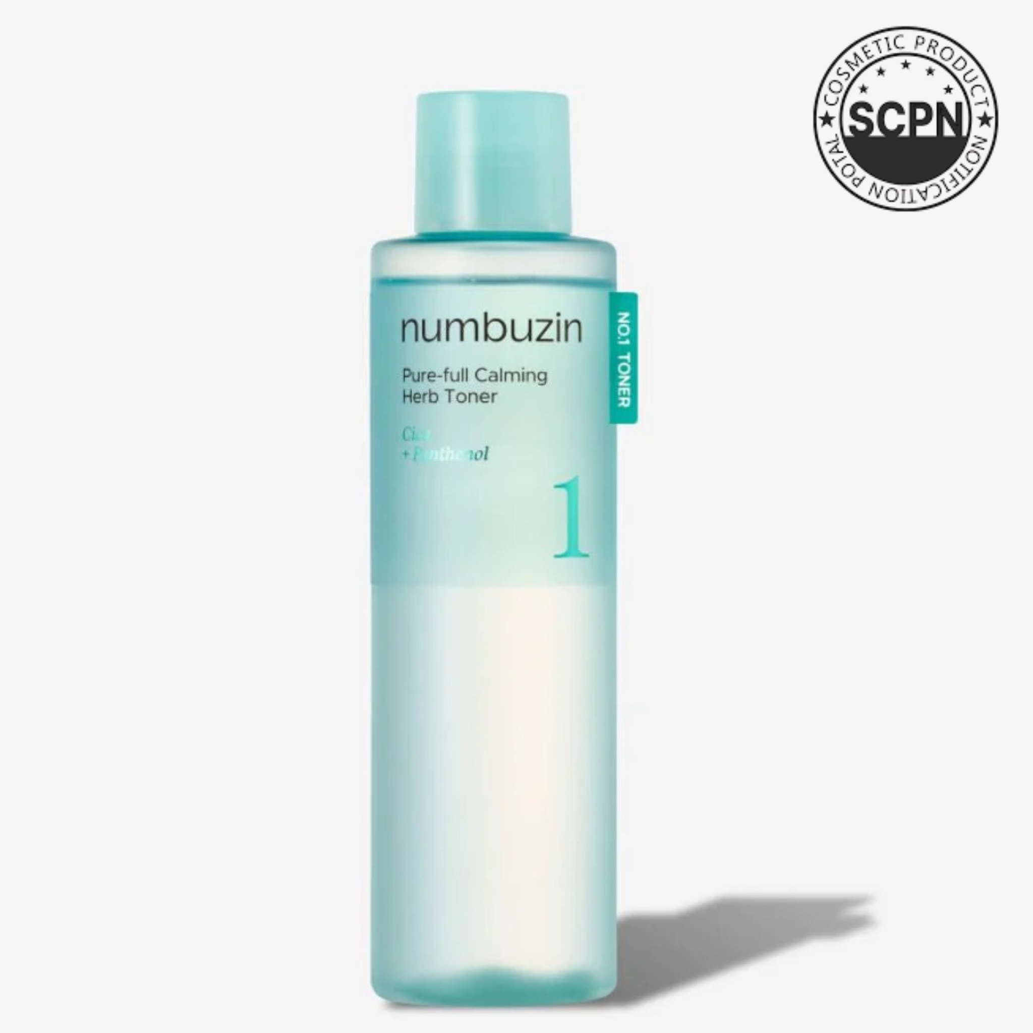 Numbuzin No.1 Pure-Full Calming Herb Toner in a clear bottle with herbal ingredients visible, designed for soothing skincare.