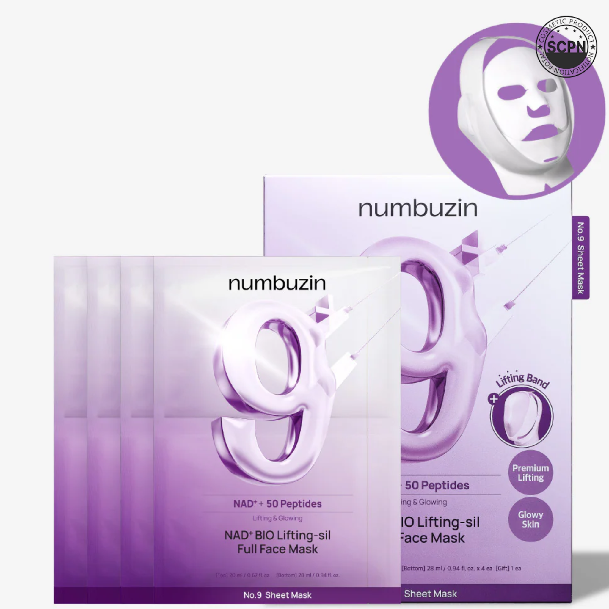 Numbuzin No.9 NAD+ BIO Lifting-sil full face sheet mask with four masks and a lifting band for skin rejuvenation and firming.