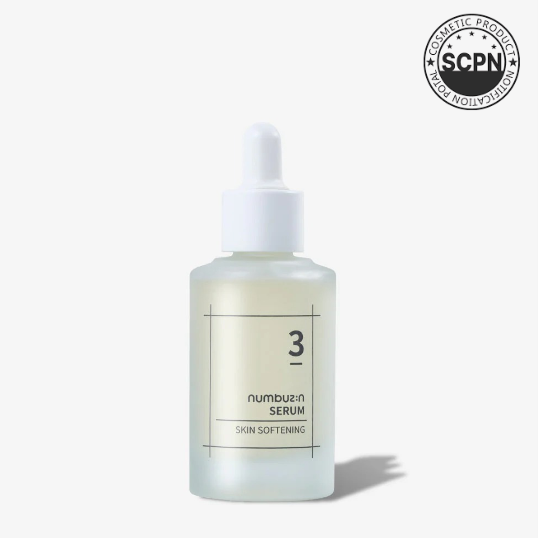Numbuzin No.3 Skin Softening Serum bottle with dropper, designed for gentle, nourishing skincare.