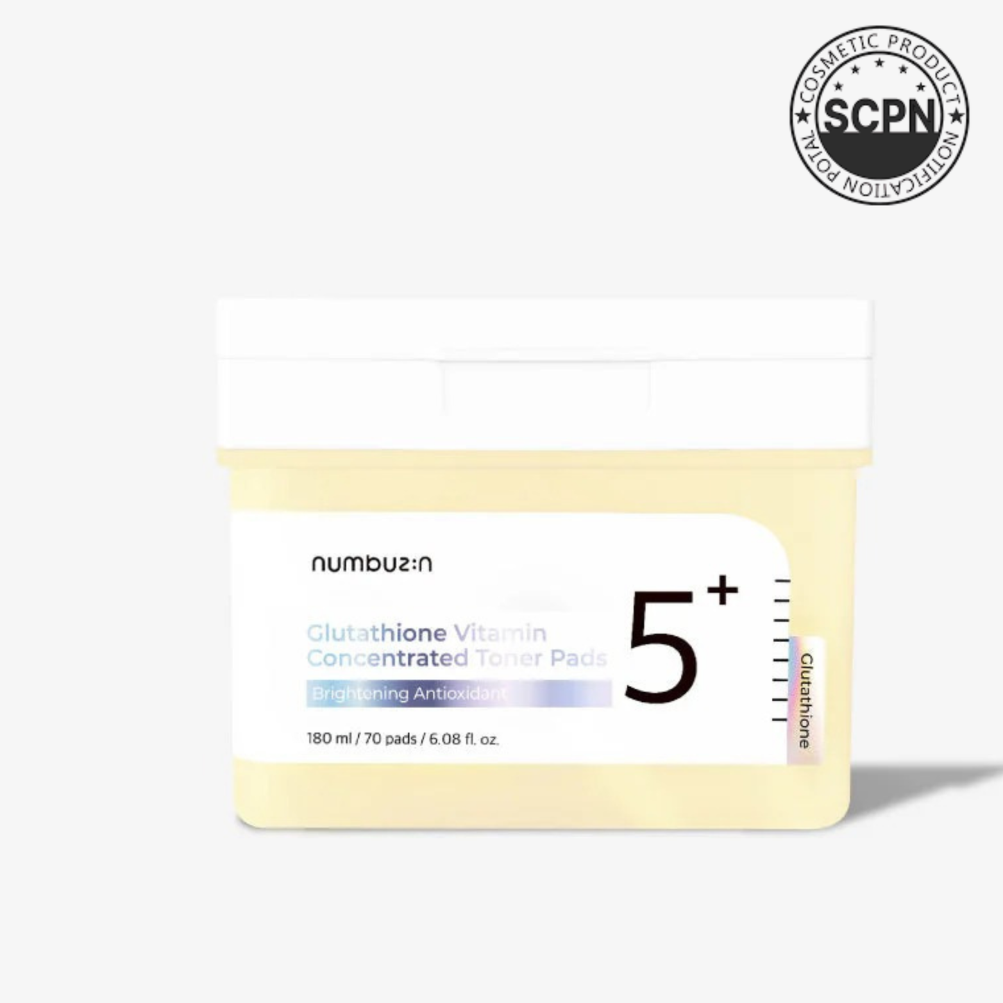 Numbuzin No.5 Vitamin-Niacinamide Concentrated Toner Pads with cotton pads soaked in brightening and clarifying toner for skincare.