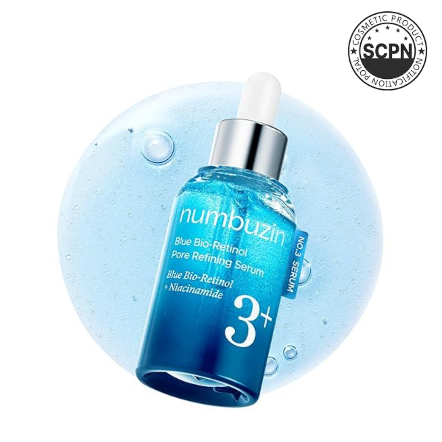 Numbuzin No.3 Blue Bio-Retinol Pore Refining Serum in a sleek bottle showcasing its blue label and dropper applicator.