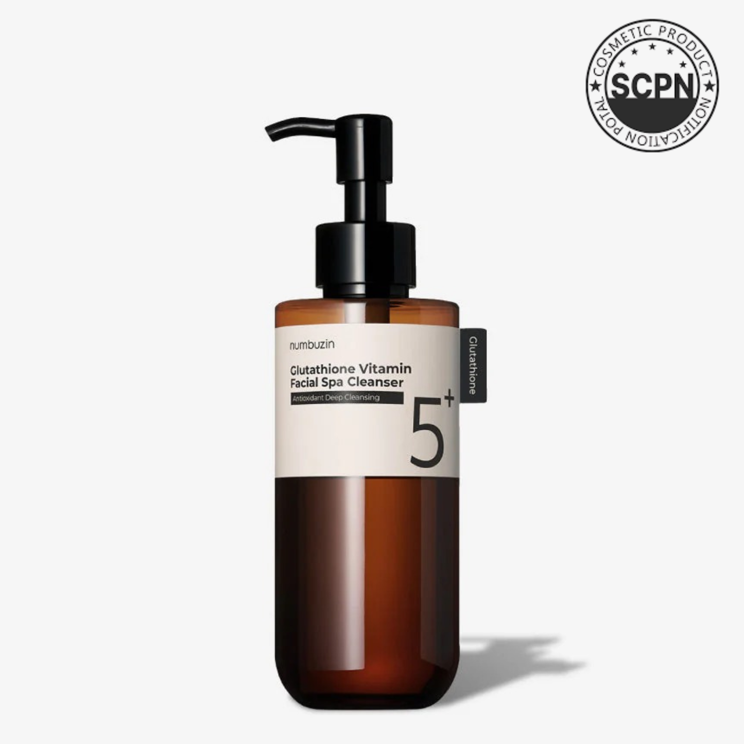 Numbuzin No.5 Glutathione C Facial Spa Cleansing Oil, a gentle cleanser with brightening ingredients, displayed in a clear bottle.