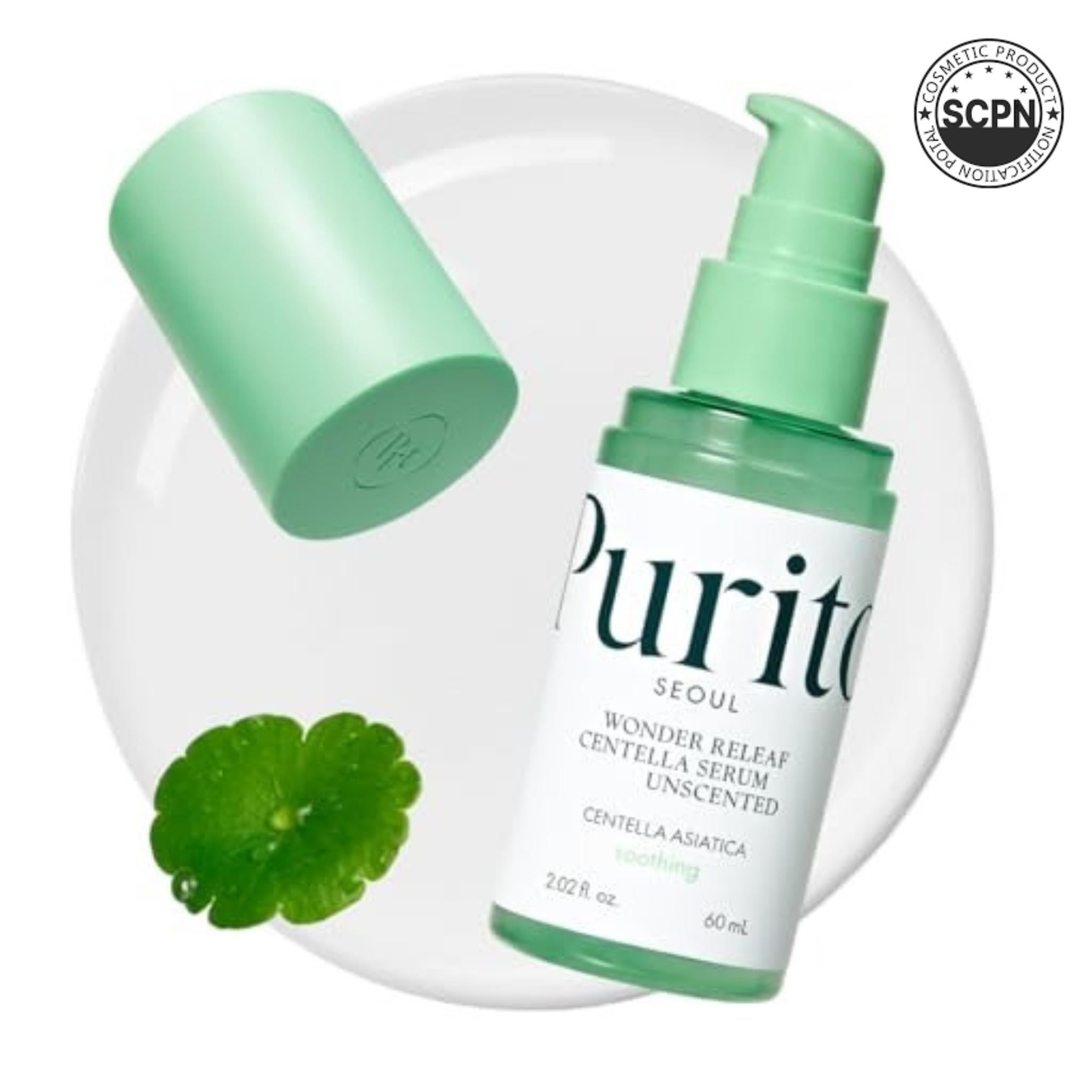 Purito Centella Unscented Serum bottle with dropper, clear label, and minimalist design, showcasing the skincare product.