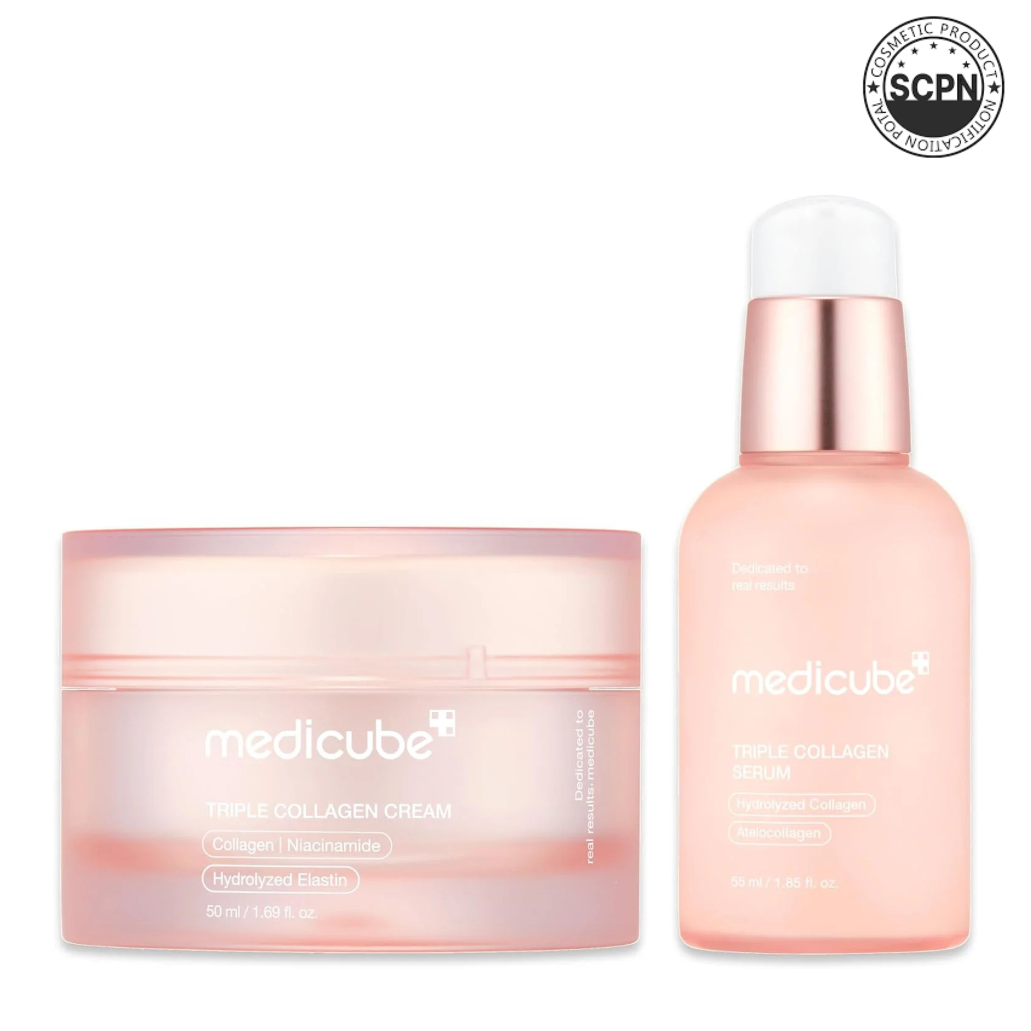 Medicube Triple Collagen facial cream and serum duo for nourishing and hydrating skin in a sleek skincare set.