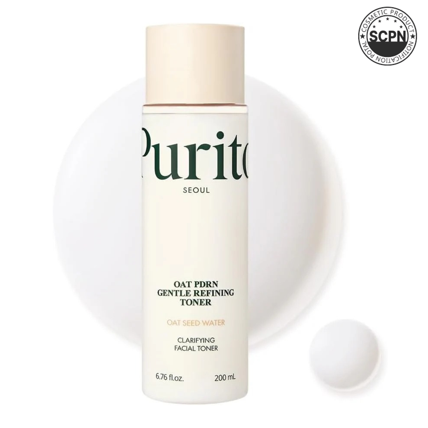 SKINZA PURITO Oat PDRN Gentle Refining Toner 200 mL featuring a clear bottle with a white label and a white cap.