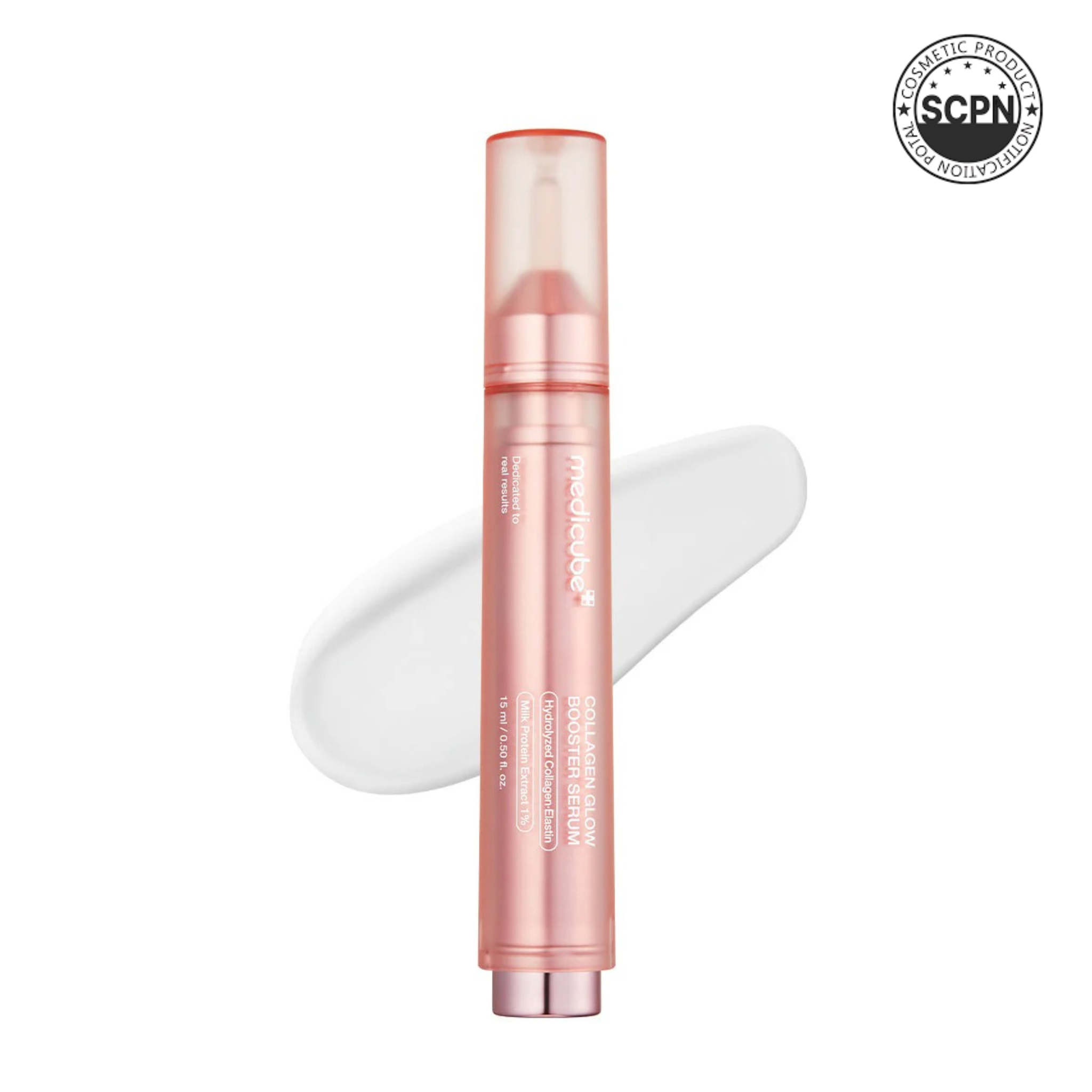 Medicube Collagen Glow Booster Milk Serum in a bottle, showcasing its creamy texture and elegant packaging for skincare.