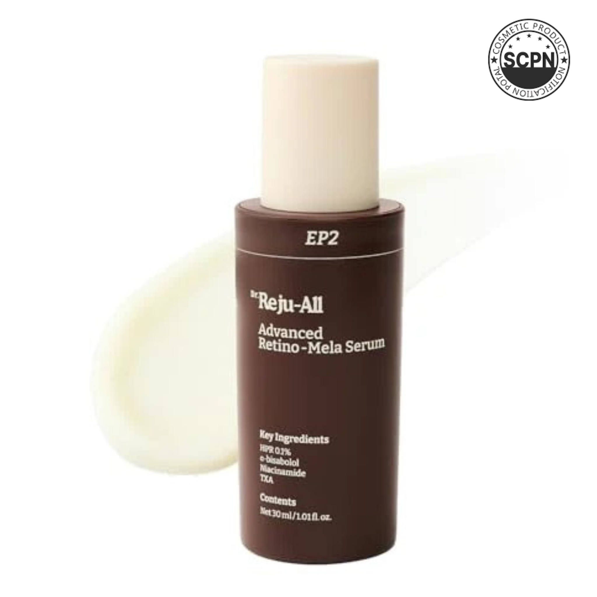 Dr.Reju-All Advanced Retino Mela Serum for face, featuring retinol and HPR, in a sleek serum bottle with a pump dispenser.