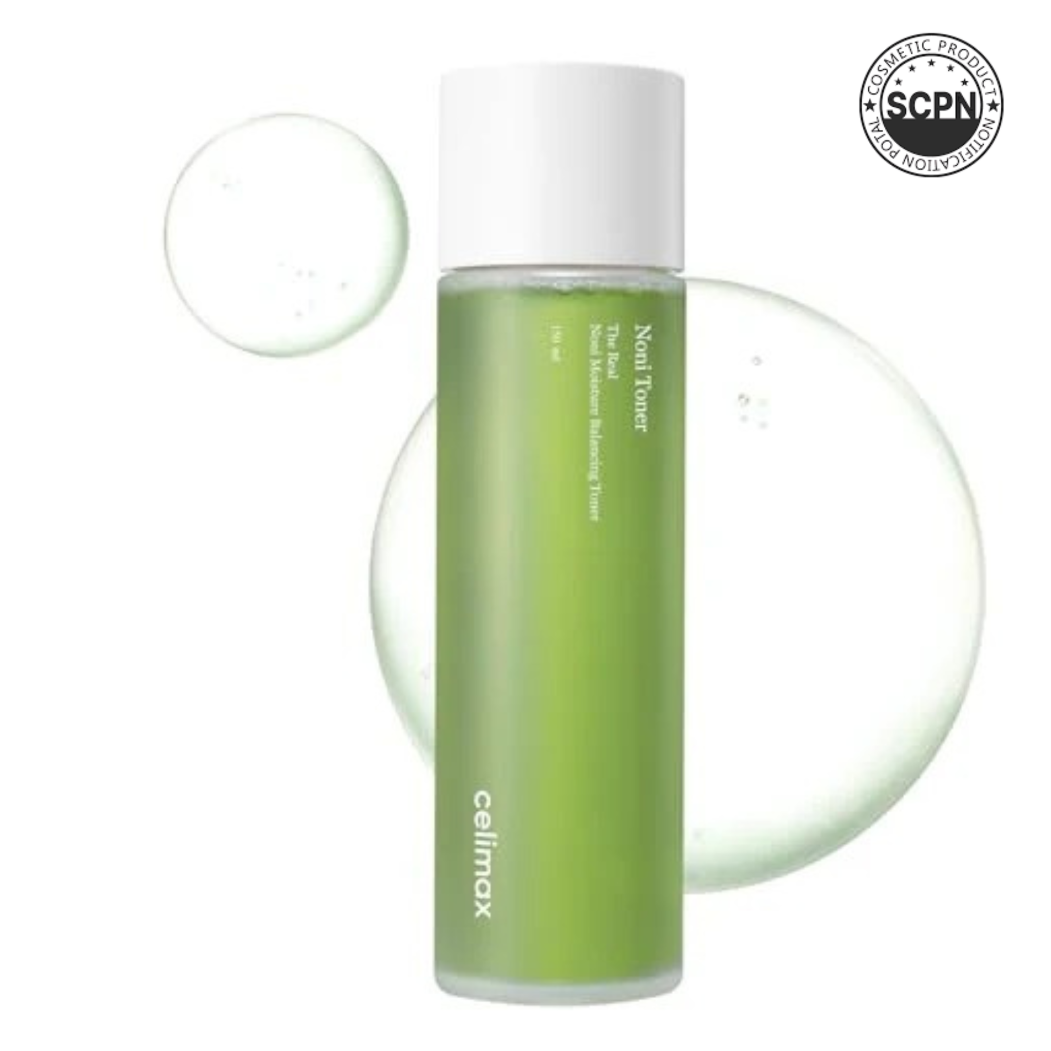 Celimax Noni Moisture Balancing Toner bottle with label, showcasing clear liquid and minimalist packaging.