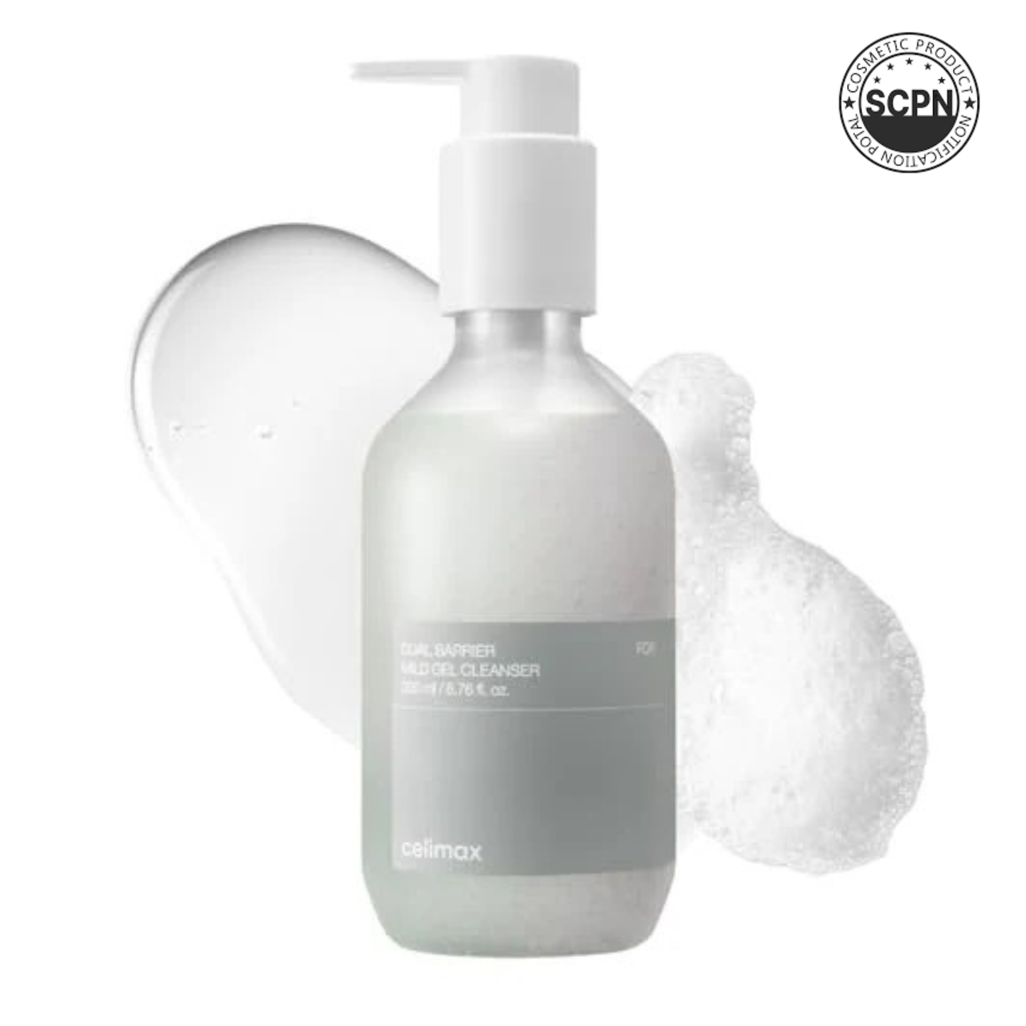 Celimax Dual Barrier Mild Gel Cleanser with ceramide, showing the gentle gel formula in a clear bottle with a white cap.