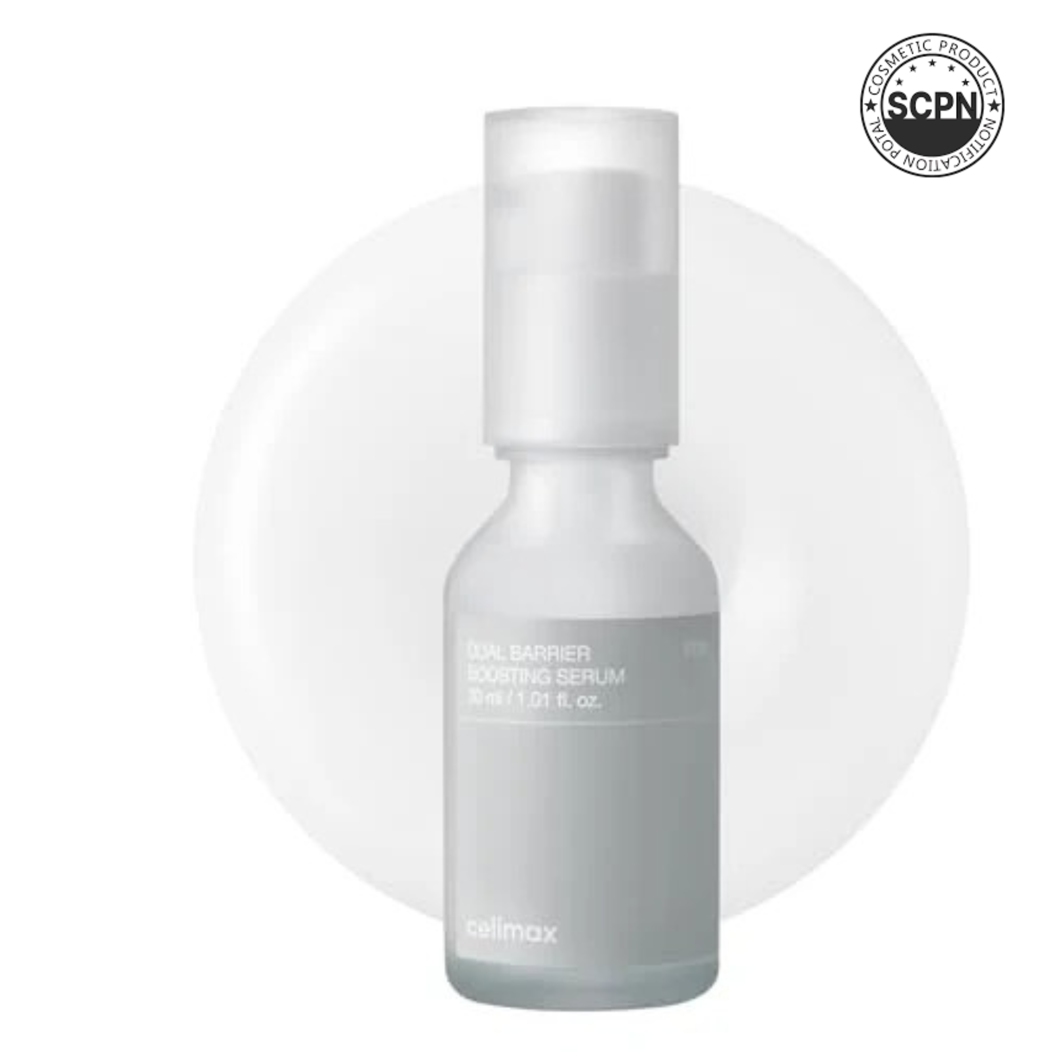 Celimax Dual Barrier Skin Boosting Serum bottle with dropper, showcasing clear serum in a sleek container.