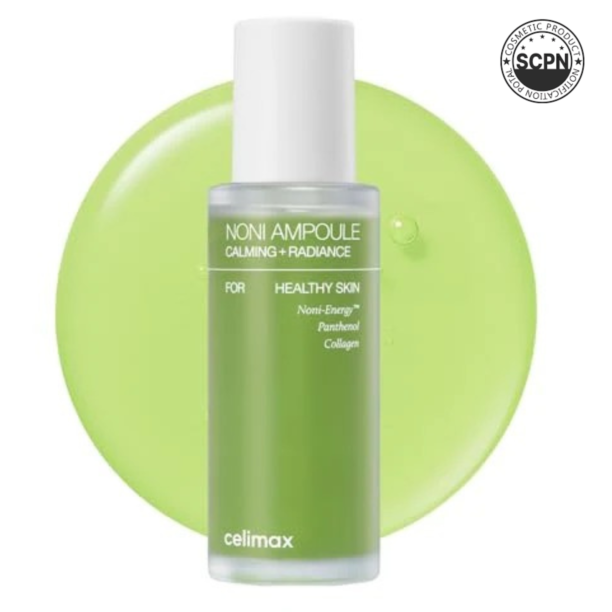 Celimax Noni Energy Ampoule with noni extract in a glass bottle, featuring a dropper for precise skincare application.