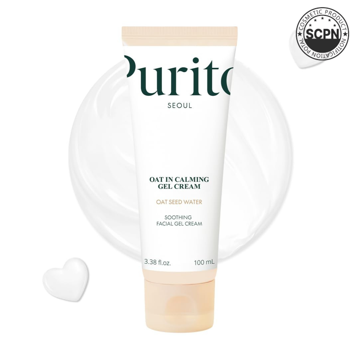 Purito Oat In Calming Gel Cream for face care, with soothing oat extract and lightweight texture, in a white jar.