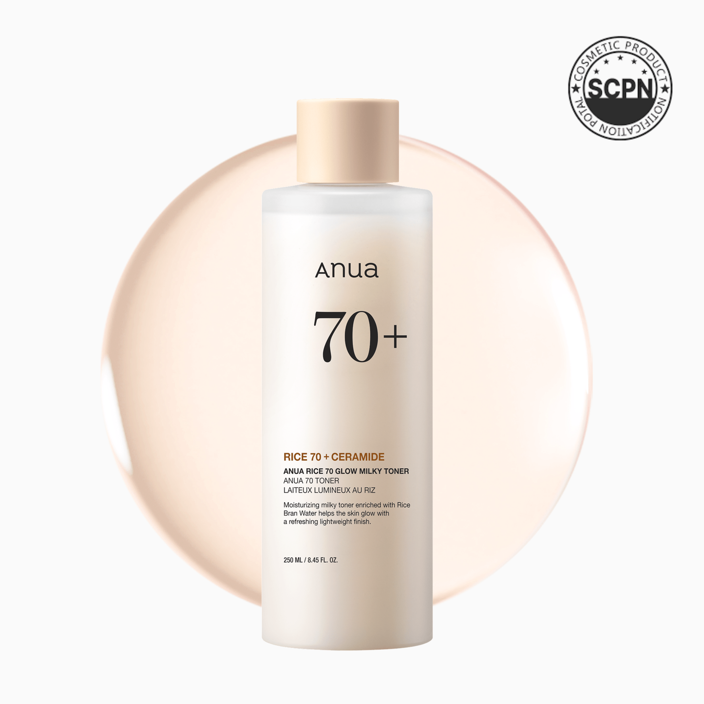 Anua Rice 70 Glow Milky Toner in a clear bottle with white label, showcasing its gentle, hydrating skincare formula.