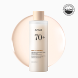 Anua Rice 70 Glow Milky Toner in a clear bottle with white label, showcasing its gentle, hydrating skincare formula.