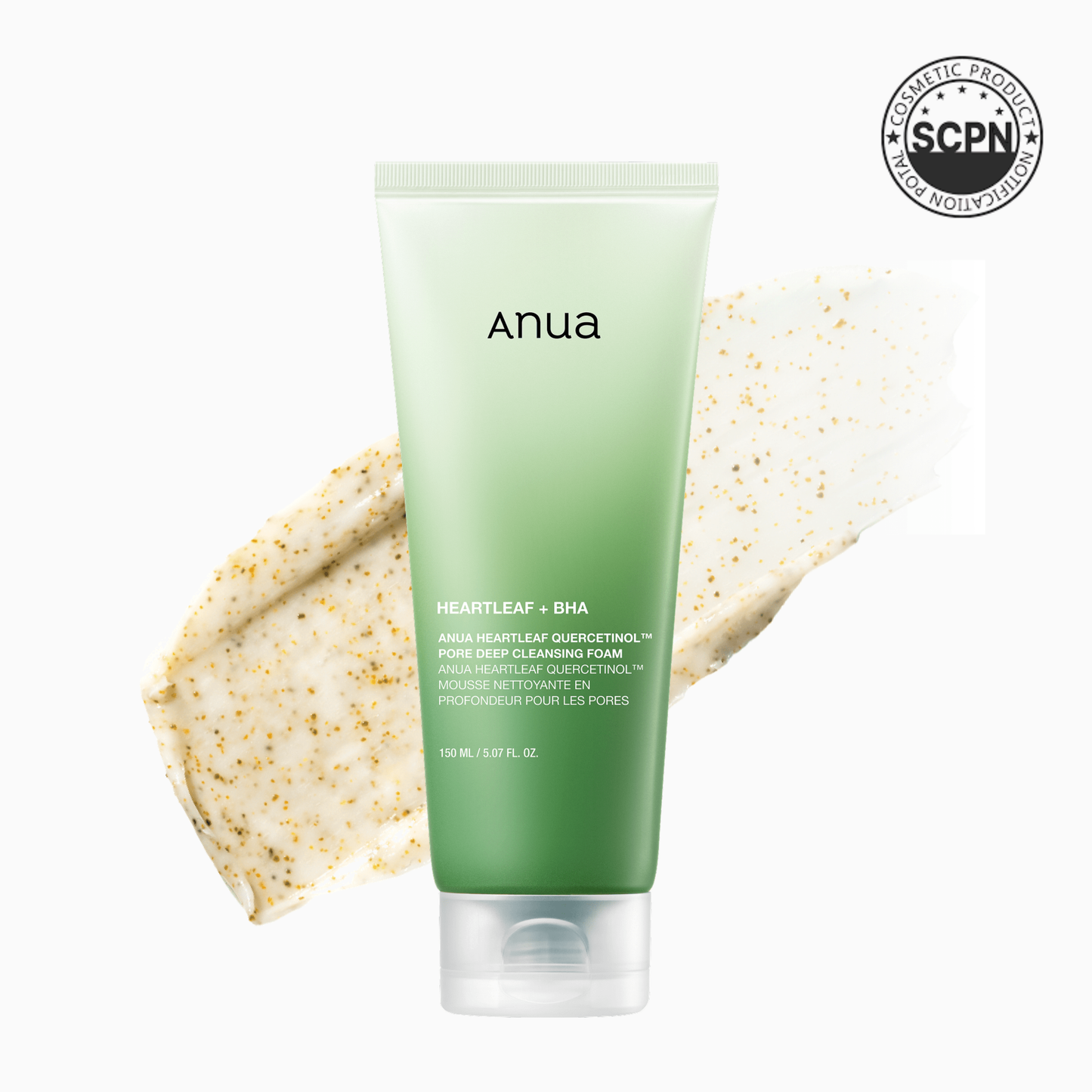 Anua Heartleaf Quercetinol Pore Deep Cleansing Foam for face care, showing the foaming cleanser with a gentle, creamy texture.