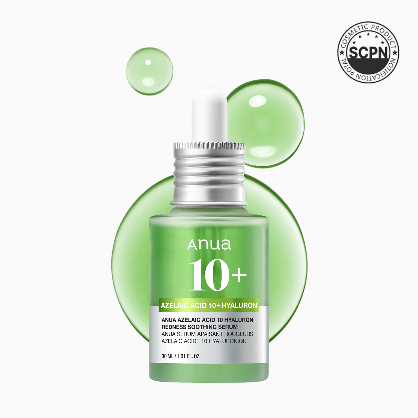 Anua Azelaic Acid 10 Hyaluron redness soothing serum ampoule with clear liquid, dropper applicator, and minimalist packaging.