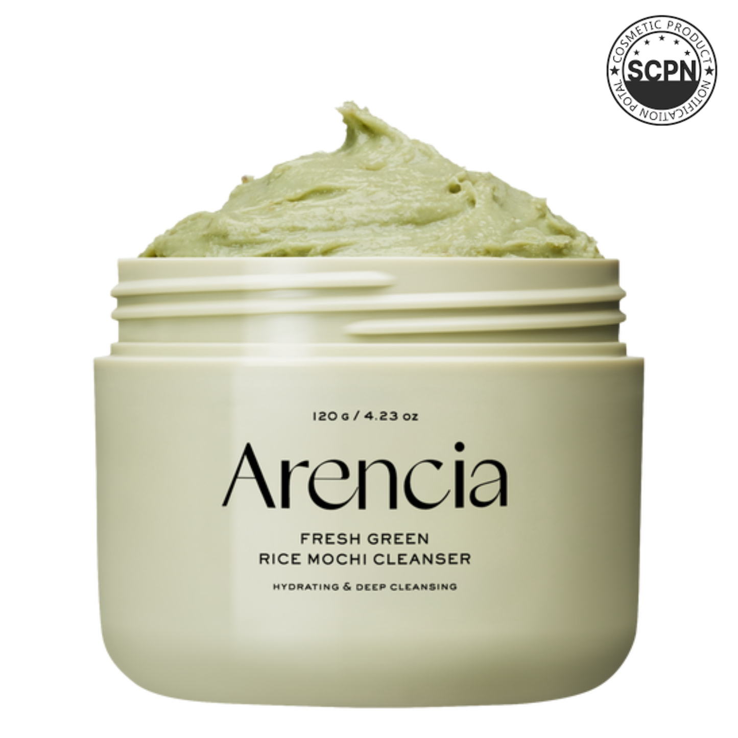 Arencia Fresh Green Rice Mochi Cleanser in a white bottle with green accents, designed for face care and gentle cleansing.