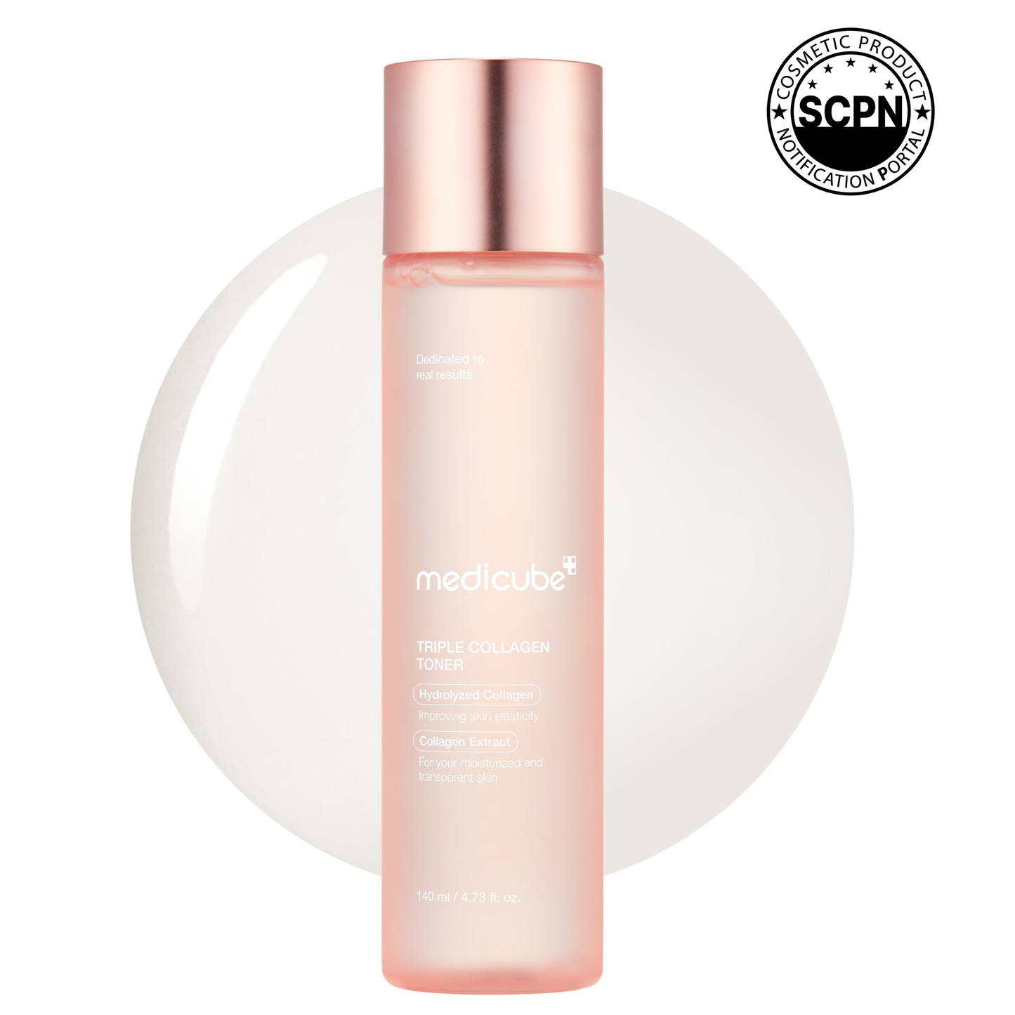 Medicube Triple Collagen Toner bottle with clear liquid inside, featuring a minimalist white and blue label design.
