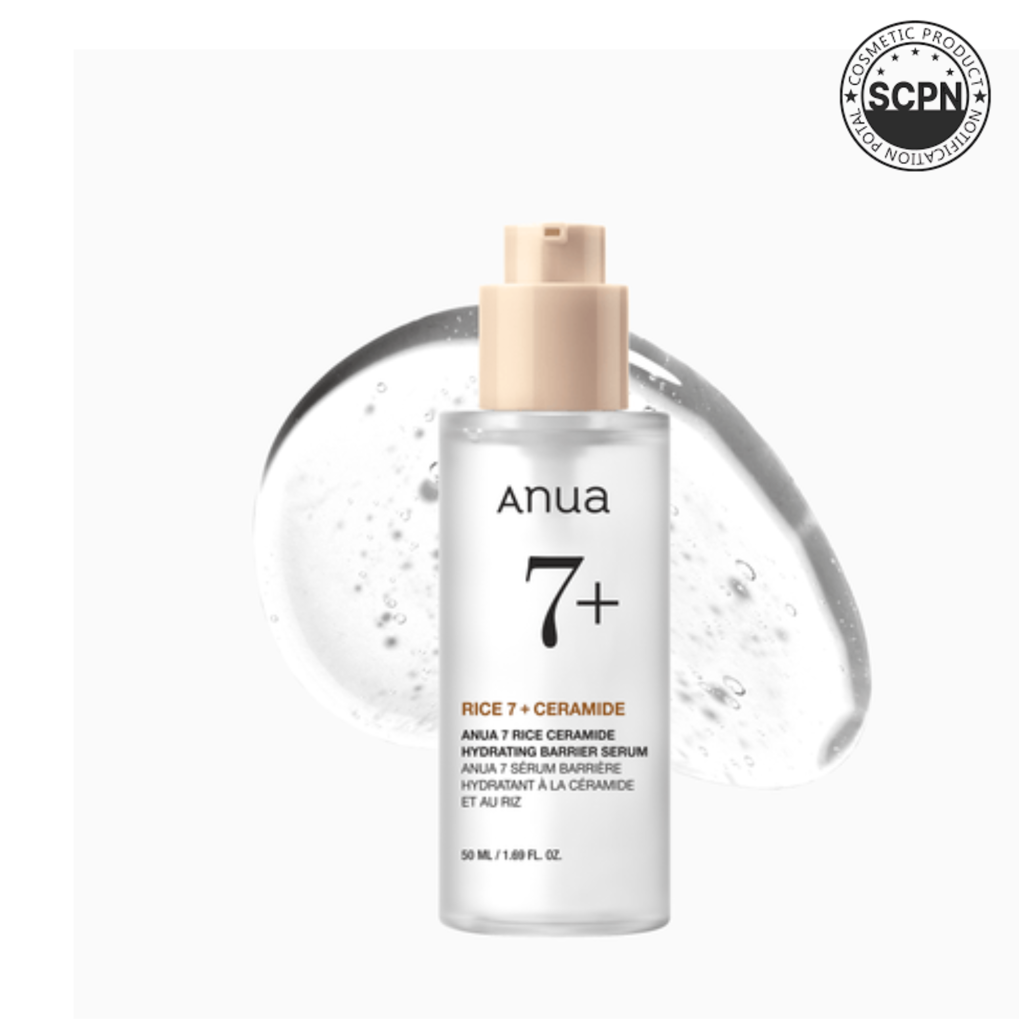 Anua Rice Ceramide 7 Hydrating Barrier Serum ampoule with a clear bottle and dropper, showcasing nourishing skincare for dry skin.