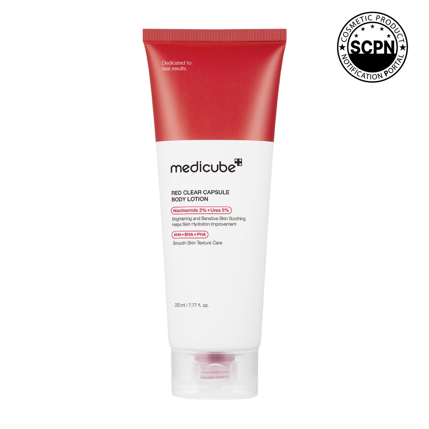 Medicube Red Clear Capsule Body Lotion from the RED LINE acne care series, featuring a sleek bottle with red accents and a pump dispenser.