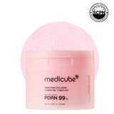 Medicube PDRN Pink Collagen Gel Toner Pad showing the round, textured pad with pink hue and packaging in the background.